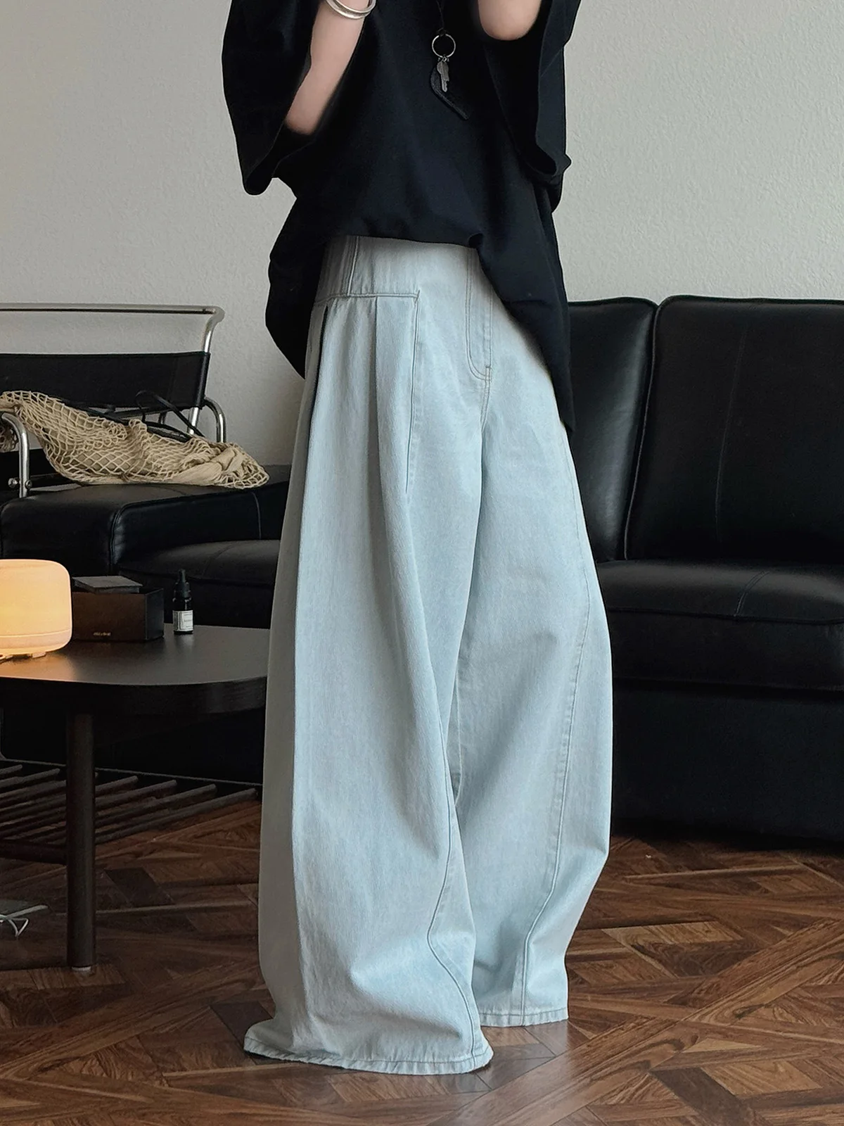 春と秋のレディースカジュアルソリッドカラーハイウエストルーズワイドレッグジーンズ