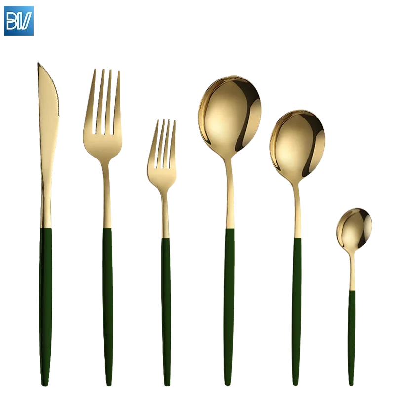 Custom Plated Gold Wedding Tableware Flatware Black Painted Handle Restaurant Stainless Steel Cutlery Set