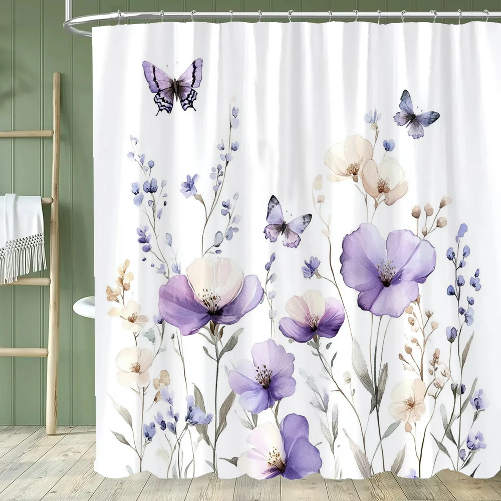 

1pc Plant Purple Floral Shower Curtain, Bathroom Decorative Shower Curtain, Printed Polyester Fabric Shower Curtain with Hooks