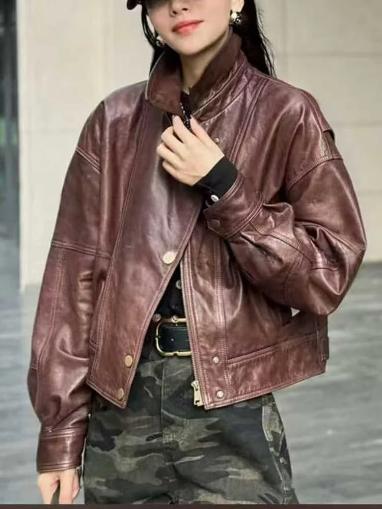 2025년 신상 여성용 천연 가죽 자켓 슬림핏 바이커 코트 패셔너블 출퇴근용 롱 슬리브 지퍼
