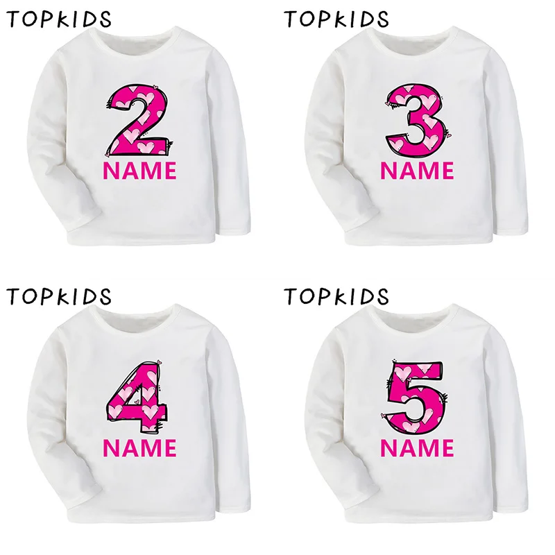 Birthday Girls 1 2 3 4 5 6 7 8 9 Years Pink Heart Cute T-shirt Custom Name Long Sleeve T shirt Baby Tops Kids Clothes Present