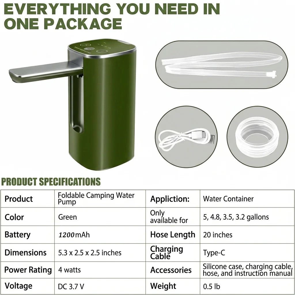 Auto Touch Water Pump for 5/4.8/3.5/3.2Gal, Foldable Faucet, Camping/Hiking/Outdoor, USB-C, Leakproof Lightweight