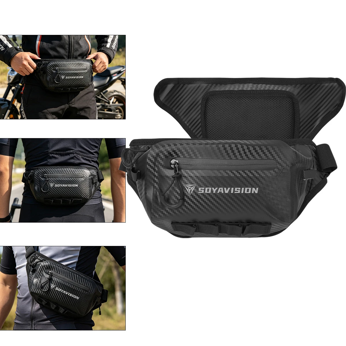 Motorcycle Fanny Pack, Hard Shell Carbon Fiber Pattern Crossbody Sling Bag, Wear‑Resistant Lightweight Waist Pouch for Motorbike