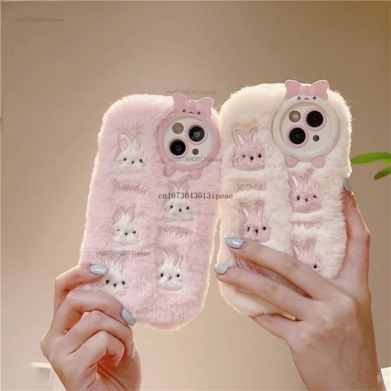 

3D Cute Bunny Fluffy Plush Pink Phone Case For iPhone 15 Pro Max Cases 14 12 11 pro max Protective Soft Cover for iphone 13 Case