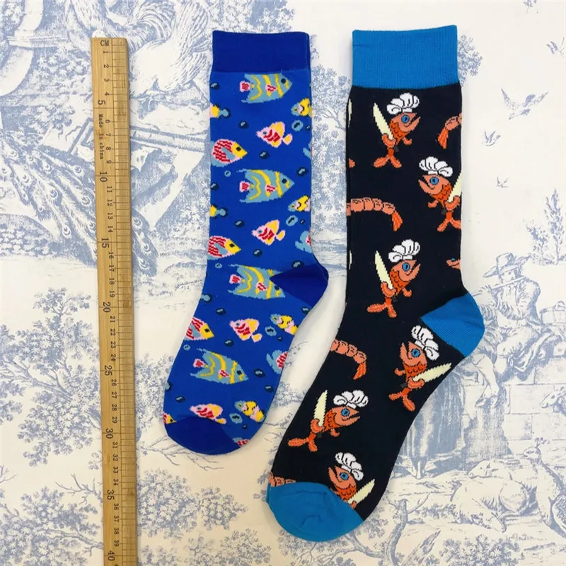 1Pair Adult Size Mid Calf Crew Cartoon Cottton Unisex Socks Underwater Sea World Tropical Fish Hippocampus Clownfish Reef Coral