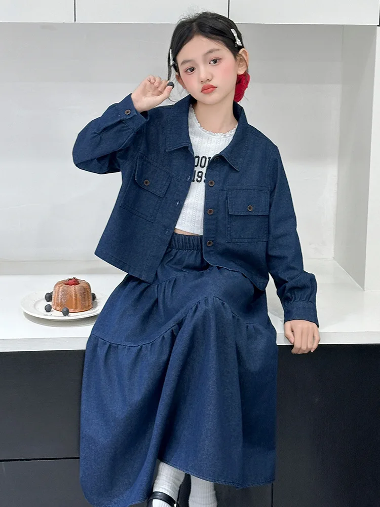 Teenager Girls Clothing Sets Spring Autumn Fashion Lapel Top and A-line Skirt Suit T Kids Clothes Casual Children Denim Outfits 5