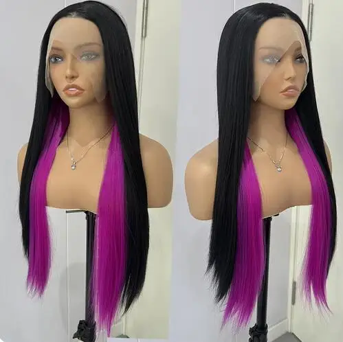 Highlights Black and Pink Wig Synthetic Lace Front Wigs For Women Hot Pink Long Silky Straight Rosy Synthetic Lace Hair Cosplay