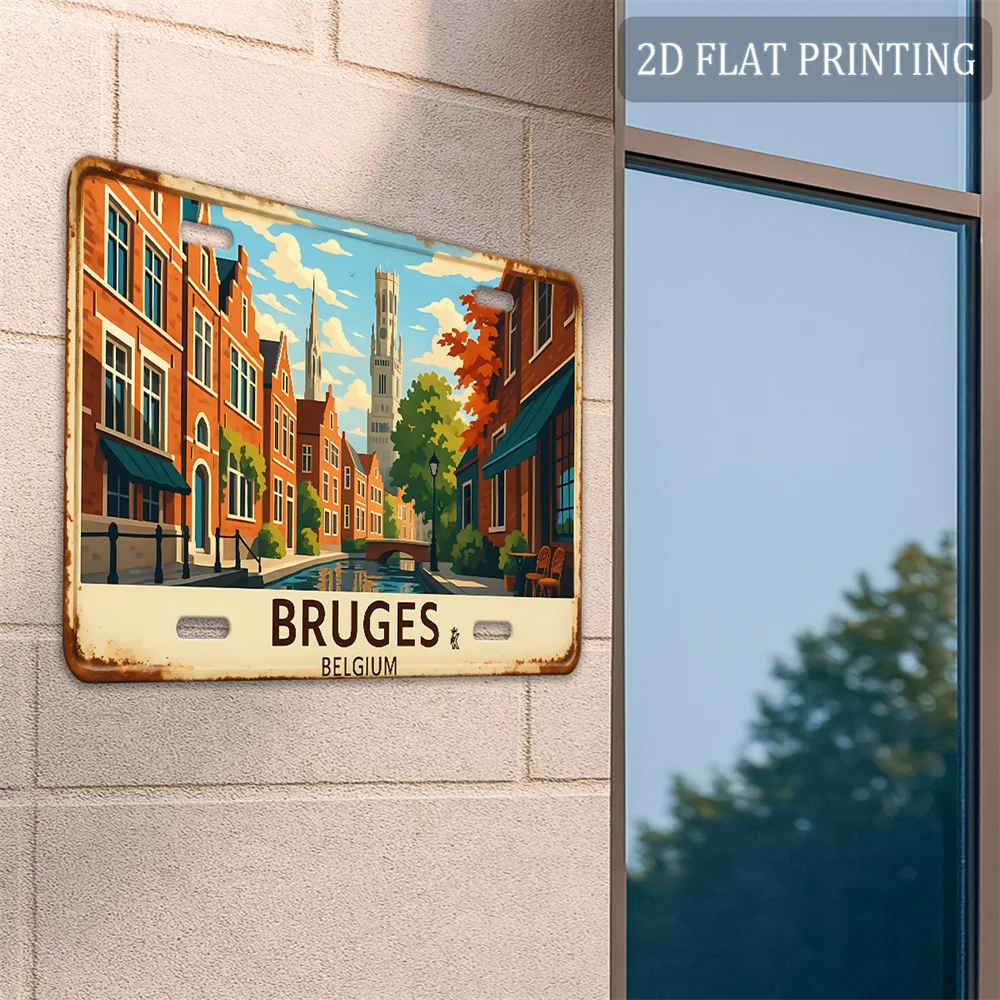 1PC 2D HD Aluminum Metal Sign, Bruges Belgium Vintage Wall Decor, Retro Canal Cityscape European Town Design Metal Wall Art For