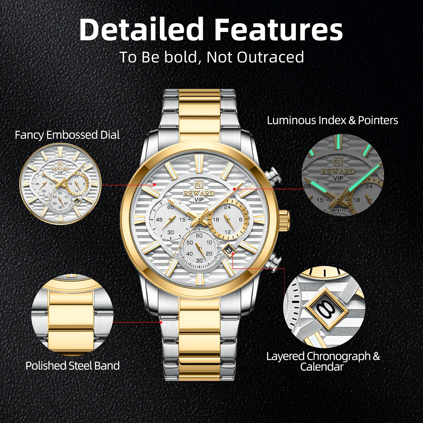 New REWARD VIP Dress Quartz Watches for Men Chronograph Luminous Waterproof Stainless Steel Sport Man Wristwatch