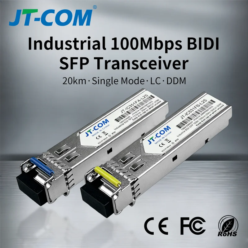 100M BiDi SFP Module Single Mode SC/LC 1310/1550nm 20km Industrial DDM Transceiver for CCTV IP Camera Factory Automation / PLC
