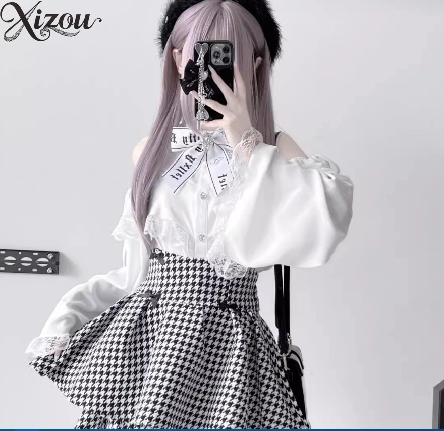 

Summer 2 Piece Sets Womens Outfits Gothic Lolita Suit Japan Style Off-the-shoulder Long-sleeved Shirt High-waisted Skirt Set