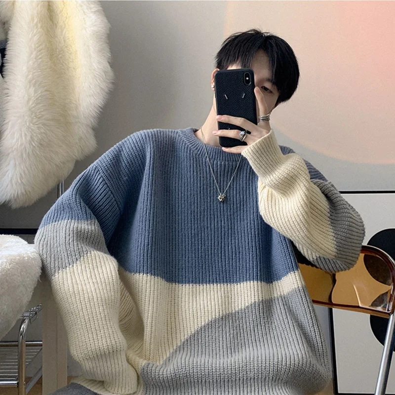 Stylish O-Neck Knitted Spliced All-match Korean Color Sweater Men\'s Clothing 2022 Autumn New Casual Pullovers Loose Warm Tops