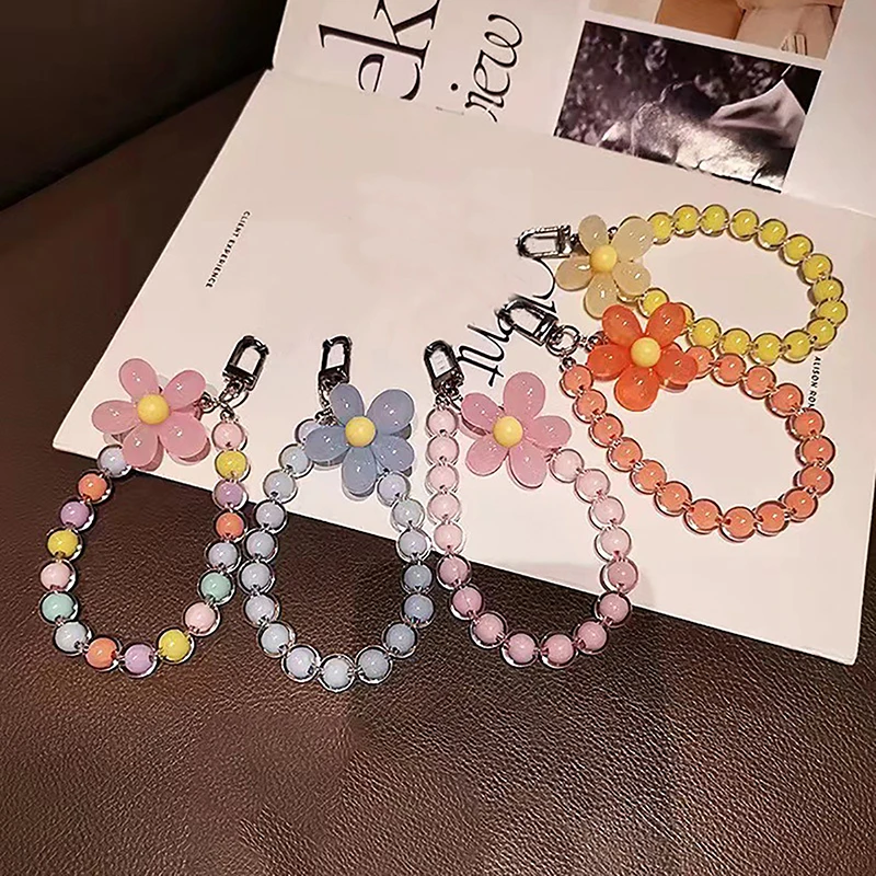 Colored Bead Petal Lanyard Anti-Lost Bracelet For Mobile Phone Case Wrist Strap Car Keychain Cute Phone Charm