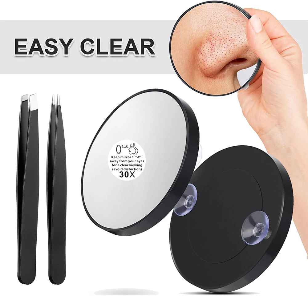 3.5 Inch 30X Magnified Mirror with Three Mounting Suction Cups Tweezers Travel Makeup Kit for Shaving Blackhead Blemish Removal