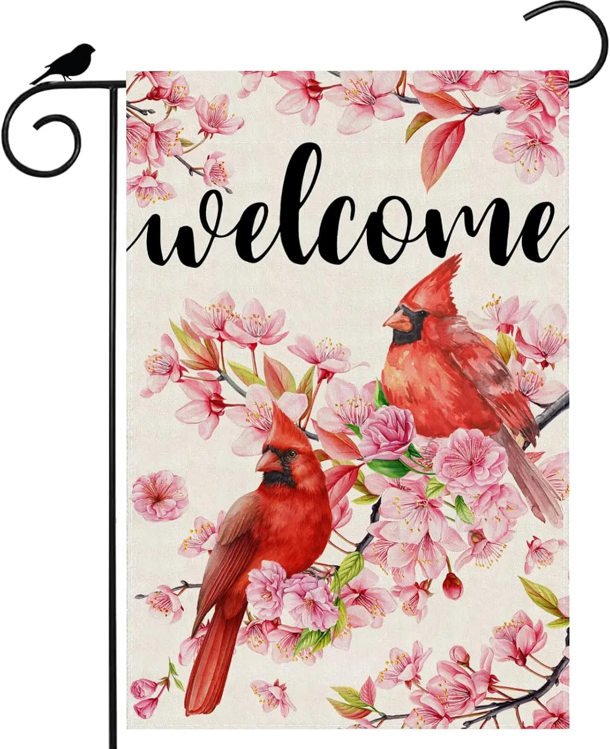 Welcome Watercolor Cardinals Birds Cherry Blossom Flowers Spring Garden Flag Summer Seasonal Yard Flag 12x18 Inch Double Sid EEZ