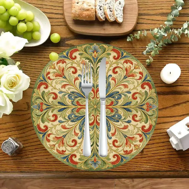 American Country Floral Placemat Set 2/4/6pcs Oil-Resistant Erasable Non-Slip Round Table Mat Rustic Kitchen Dining Decor