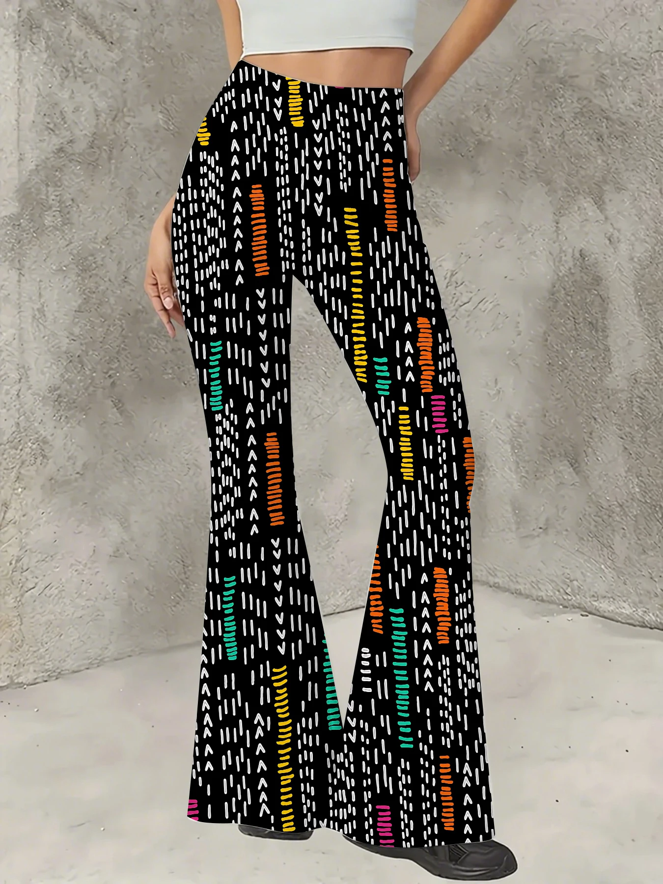

Women's Boho Printed Flare Pants Vintage Knit High Waist Wide Leg Trousers