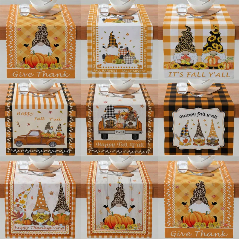 

Popular Linen Thanksgiving Faceless Gnome Printed Table Runner Flag Elf Dwarf Tablecloth Table Cloth Cover Home Party Decor