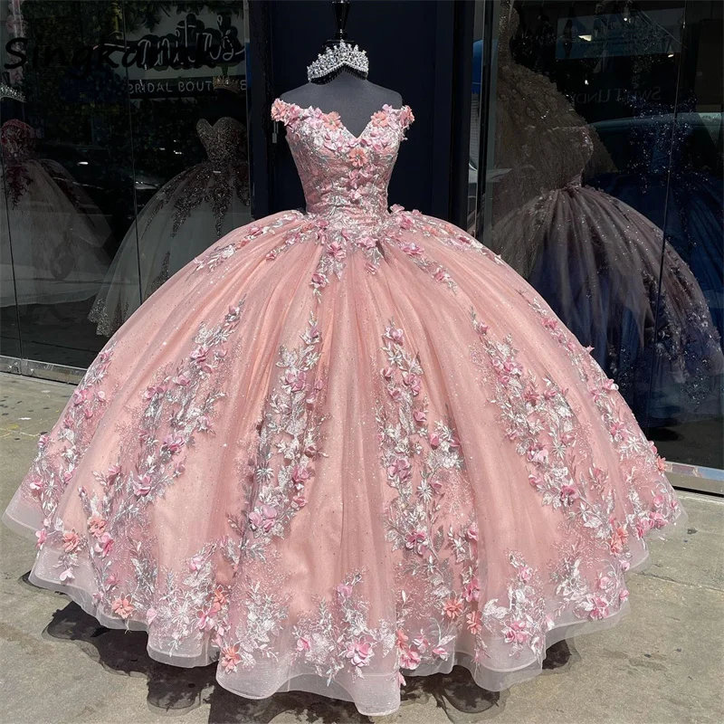 Peach Flowers Princess Quinceanera Dress Applique Lace Beads Crystals Ball Gown Vestidos De 15 Años 16th Birthday Party Gown