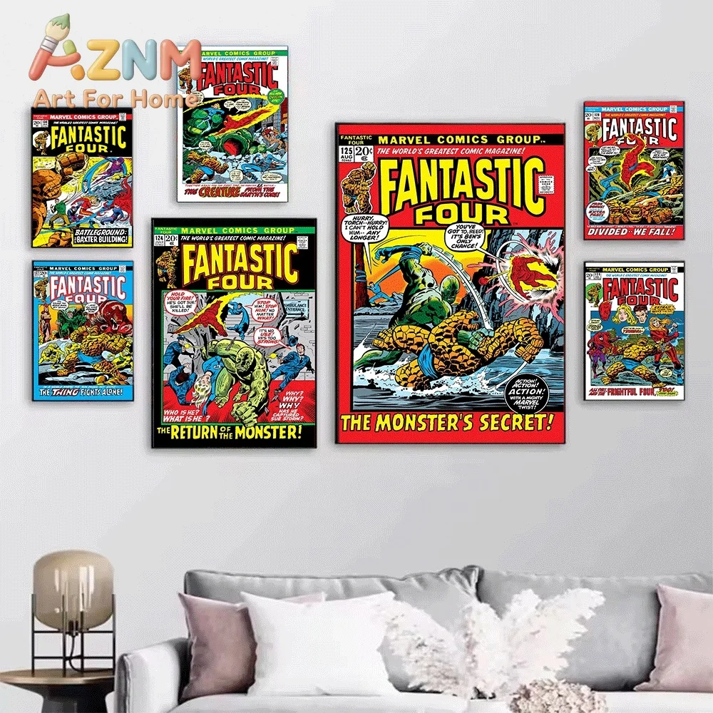 AZNM Fantastic Four The Secret of Gabriel Vintage Comic Cover Collage Canvas Wall Art Unframed Print, Superhero Poster for Bed