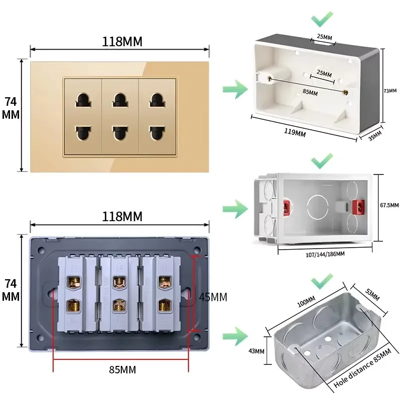 ELEGAN 1/3 Glass/PC Panel Gold Wall Switch Brazil US  Power Socket USB Type-C TV Parts Double DIY Free Combination Outlet Switch