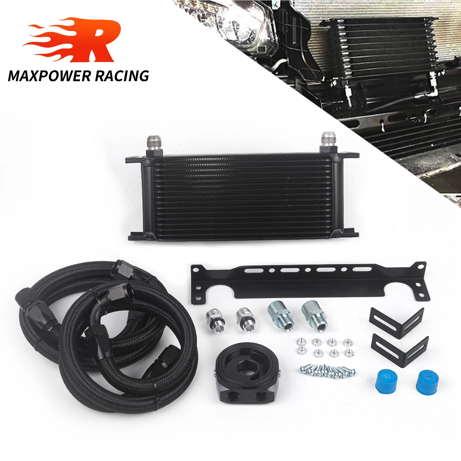 

M-MODEL 16 Rows Black Oil Cooler Kit+Black/Silver Oil Filter Sandwich Adapter+Nylon Steel Braided AN10 Hose+Mounting Bracket
