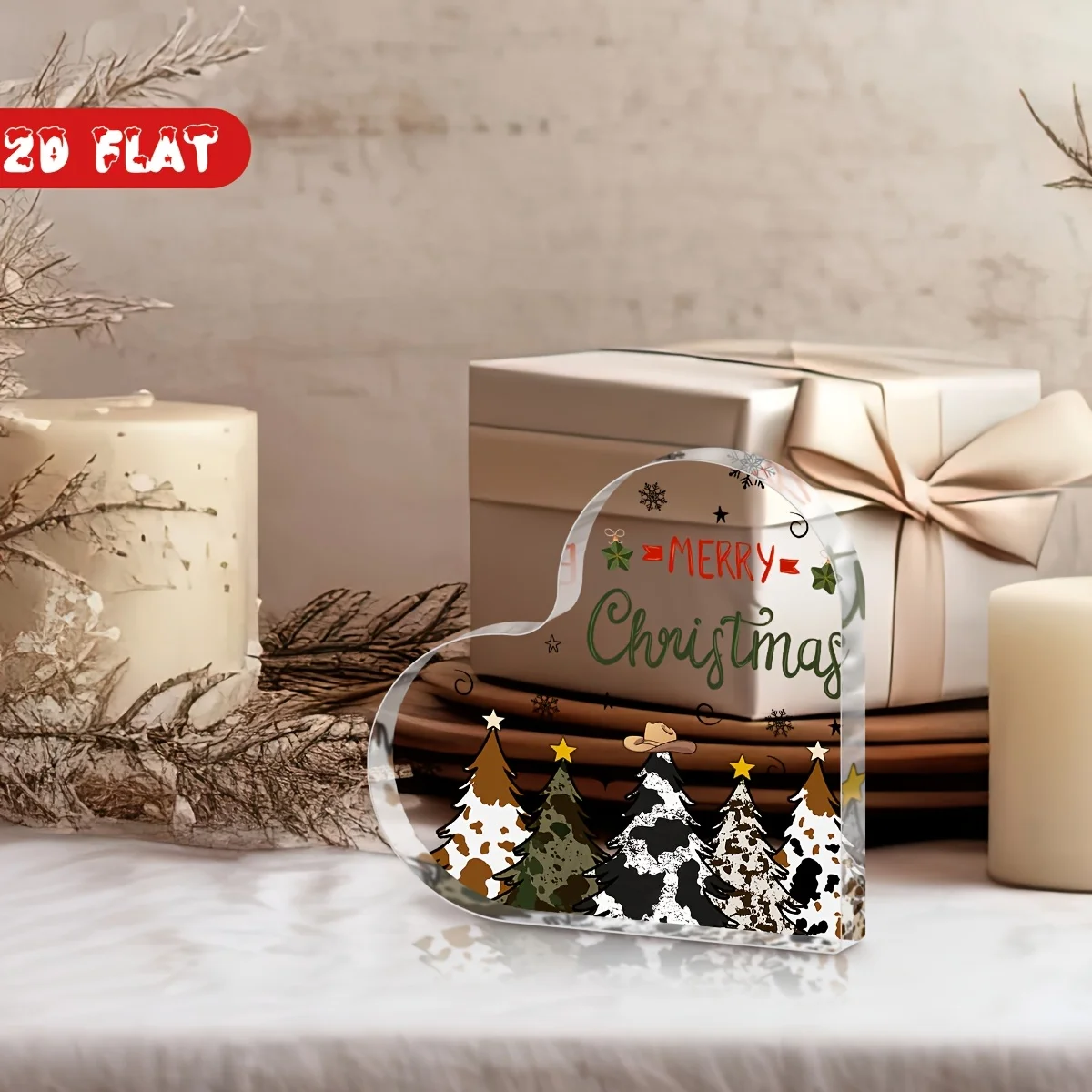 Cow Print Camo Christmas Tree Freestanding Heart Ornament, Rustic Holiday Shelf Decoration