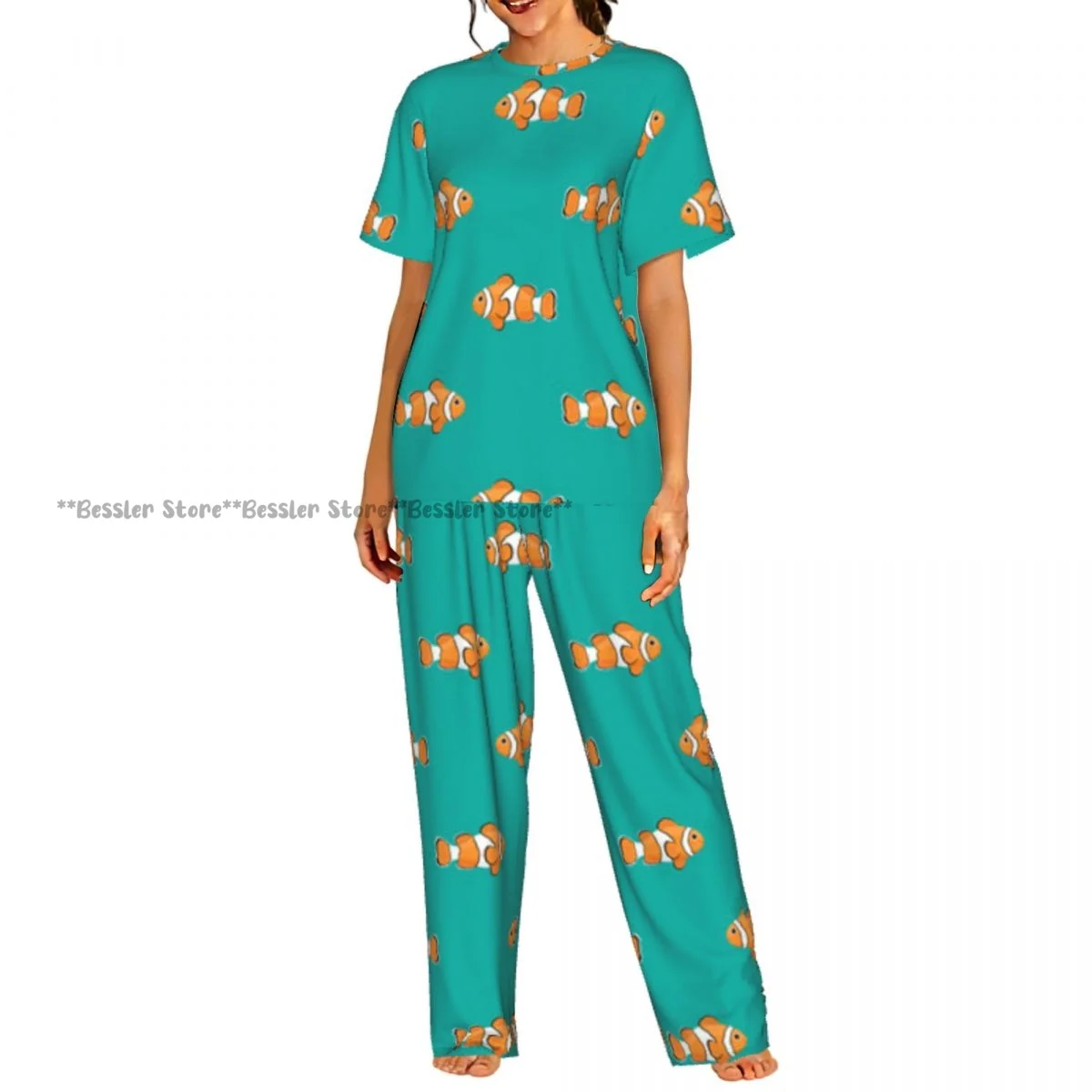 

Women's 2-piece set Clown Fish On Turquoise Background Pajamas Short sleeved Top and Pants Sleepwear