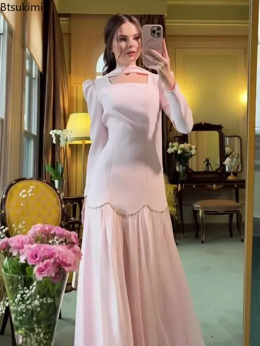 2026 Spring New Light Luxury Women's Dress Fashion Item Handmade Diamond Inlaid Ribbon Design Ladies Long Sleeve Slim Maxi Dress