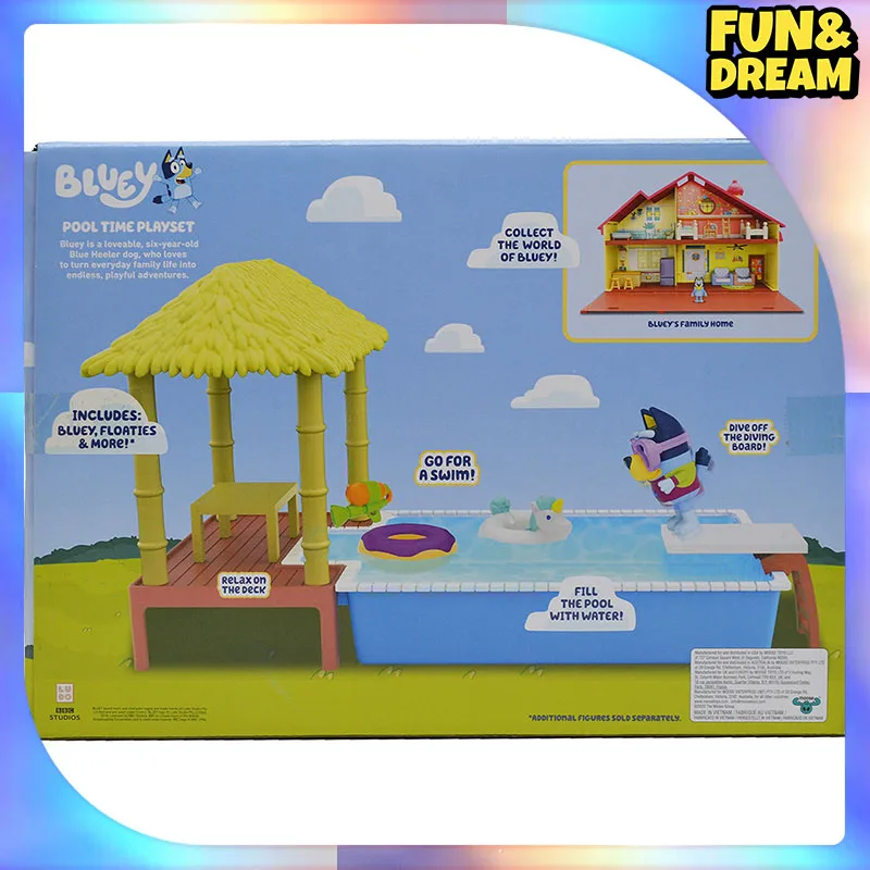 Oryginalne Bluey Pool Scene Dolls Beach Splash House Playset Beach Cottage Set Pełny zestaw lalek Beach Resort Prezent urodzinowy