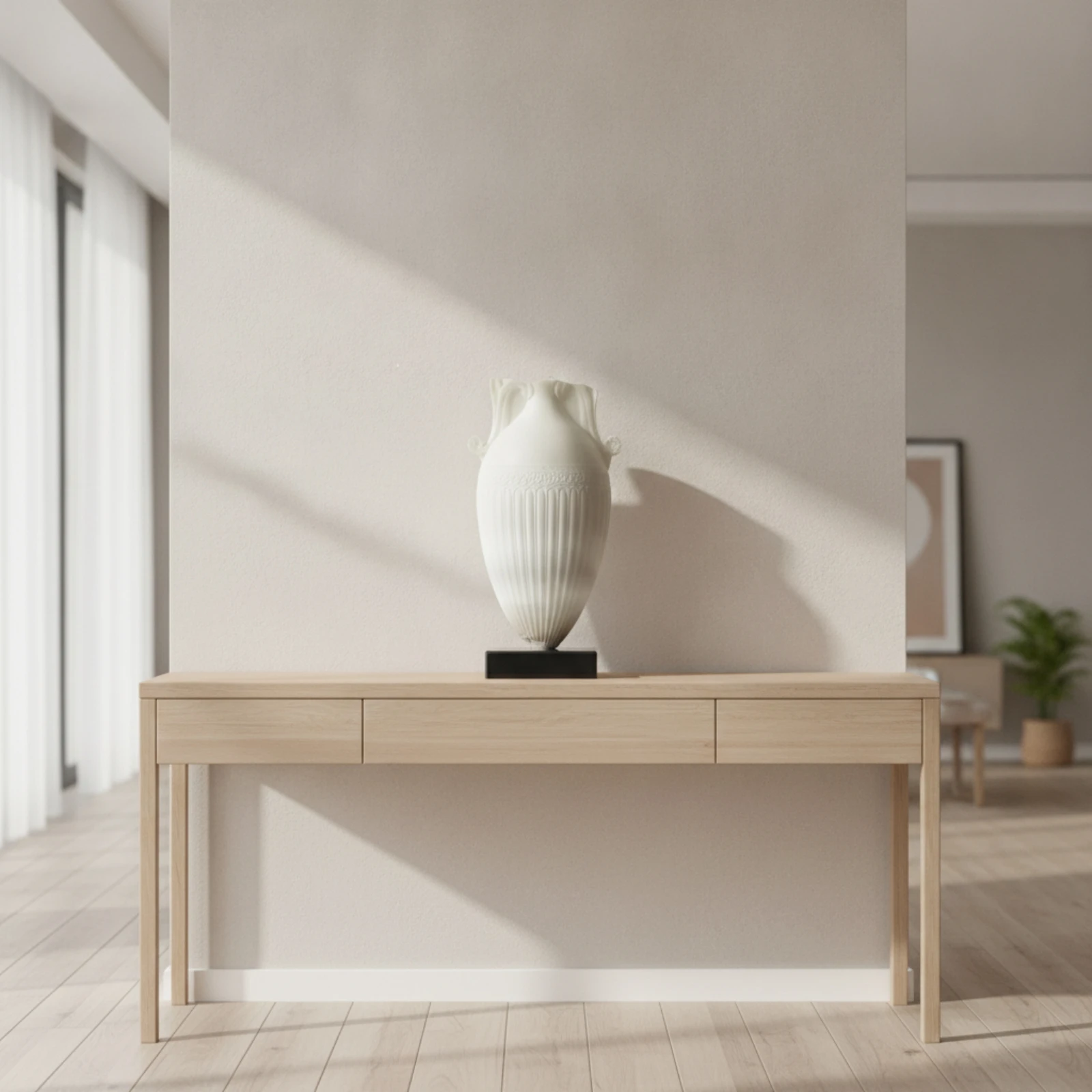 Decorative Vase White Vase with Base Sculpture Ribbed Decor Minimalist for Living Room, Console Table