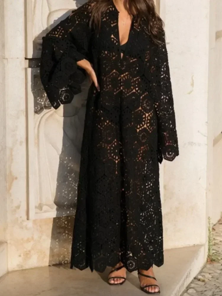 Vestido Midi holgado de ganchillo con manga acampanada y cuello en V para mujer, ropa Sexy transparente para fiesta y vacaciones en la playa, 2024