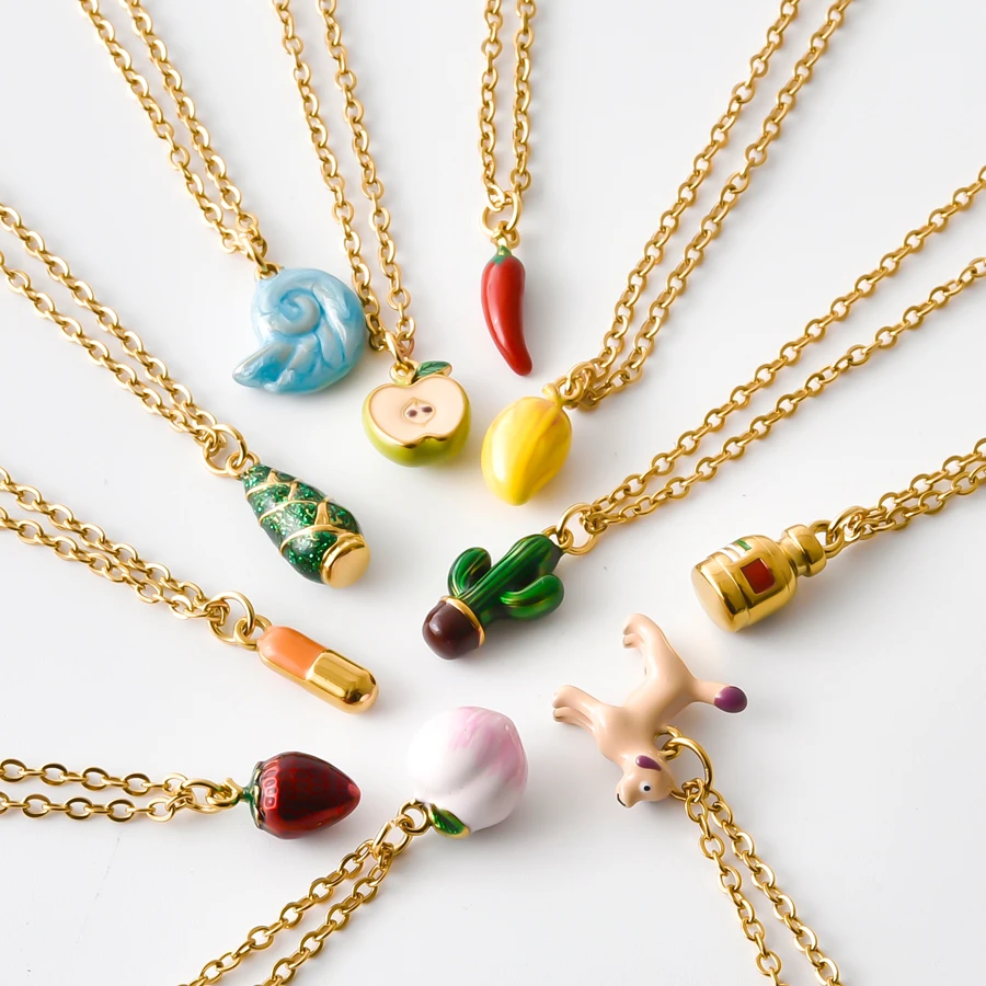 Fruit Animal Pendant Stainless Steel Necklaces For Women Men Oil Dripping Peach Medicine Bottle Pepper Choker Jewelry Decoration