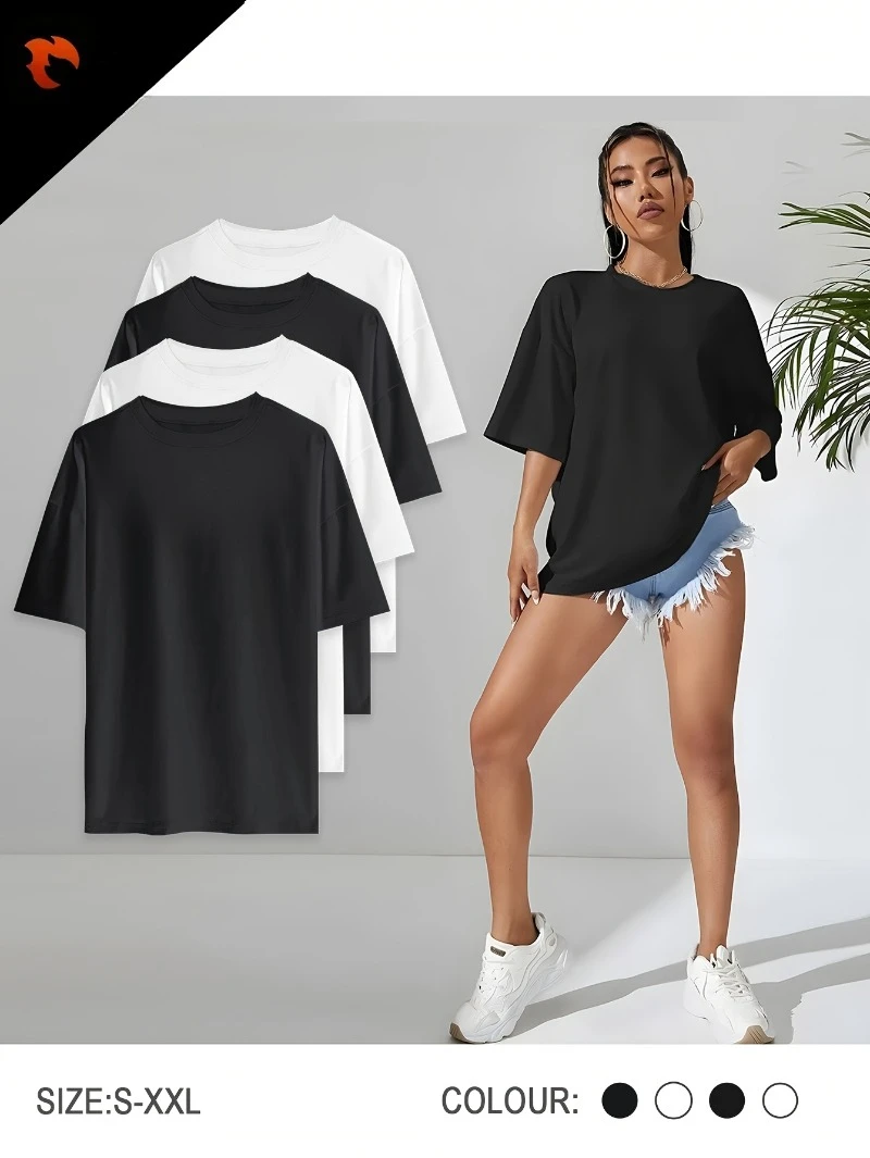 

Комплект женских футболок больших размеров из 100% хлопка — 5 мягких и удобных повседневных футболок, цвета включает темно-синий, белый, черный, бежевый