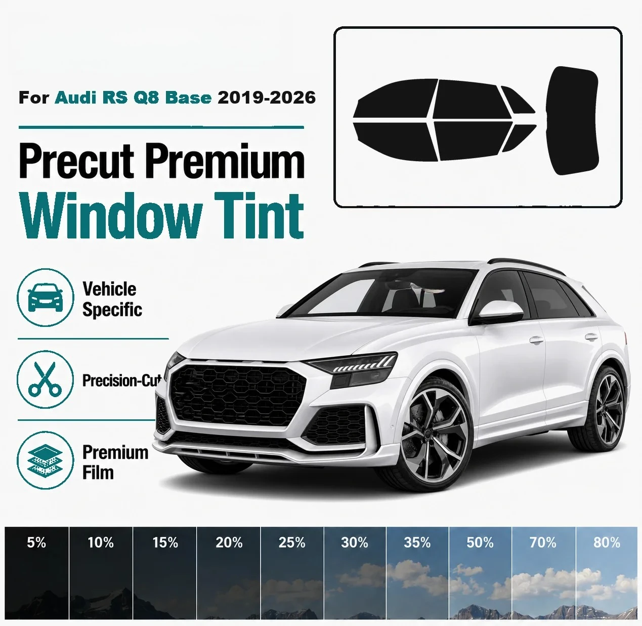 Premium Precut Window Tint for Audi RS Q8 Base 2019‑2026 Front Rear Windows UV Heat Rejection Anti‑Scratch Privacy Film