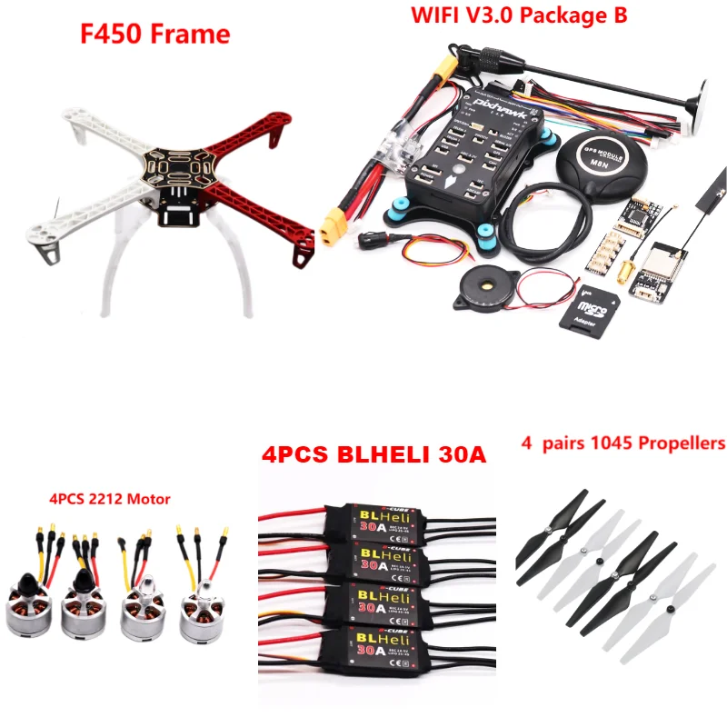 PIXHAWK2.4.8 Uçuş Kontrol F450 Drone Kiti Ardupilot 100 MW Radyo Telemetri Quadcopter BLHELI 30A 2212 Motor ESC Iniş takımı