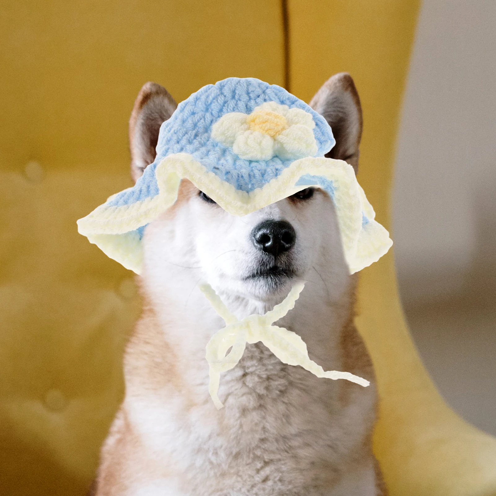 

Blue Flower Hat Cat Indoor Knitted Dog Decorative Puppy Pet Woolen Cap Winter Mother