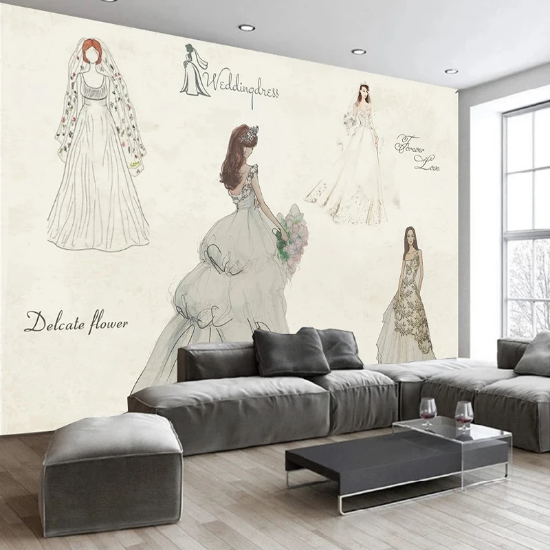 Photo Wallpaper European Fashion Hand-painted Wedding Dress Murals Wedding House Bridal Shop Background Wall Decor Papier Peint