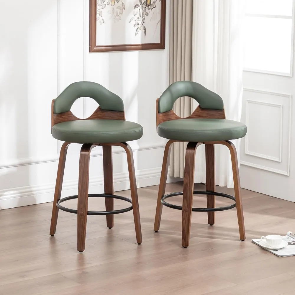 

Деревянные барные стулья с низкой спинкой, набор вращающихся барных стульев 26 дюймов, 2 шт., современные черные барные стулья из искусственной кожи середины века