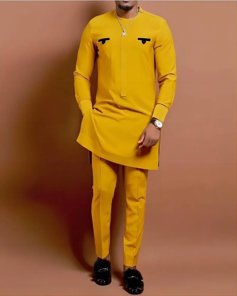

Men's luxury yellow fashion casual geometric print two-piece set
