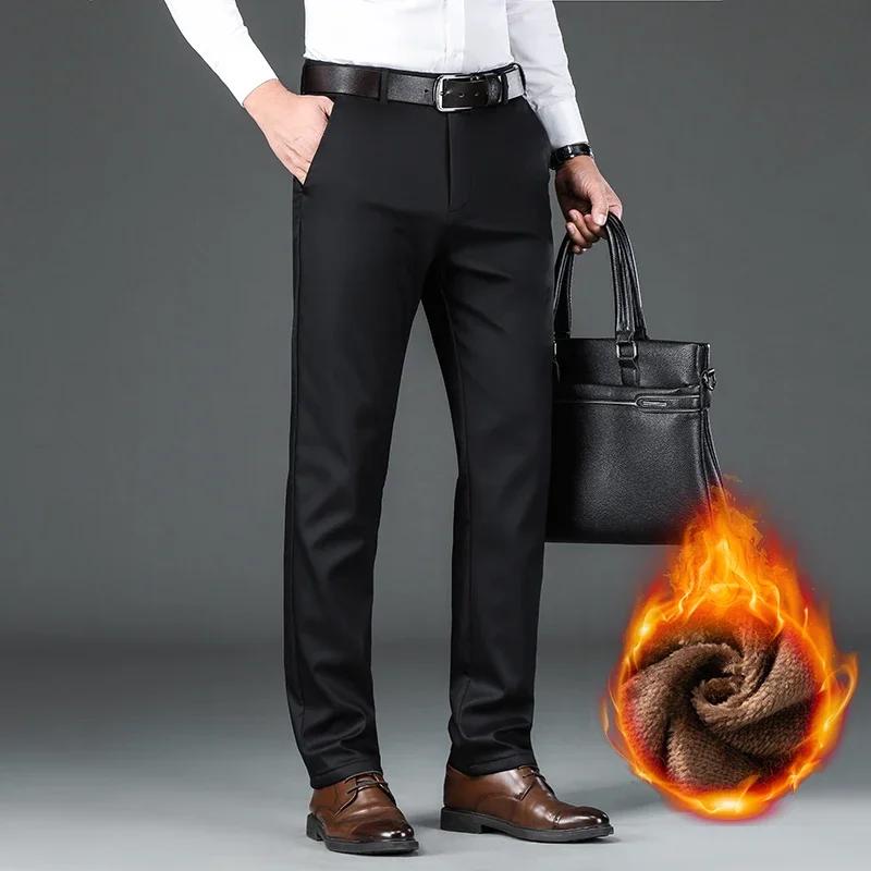Winter Fleece Men\'s Business Pants Classic Trousers Elastic Thickened Warm Flannel Straight Casual Brand Plush Pants
