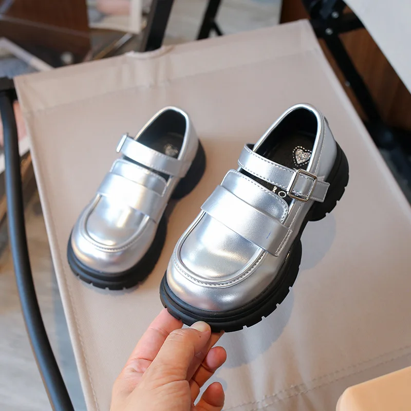 Girls Black Mary Jane Shoes Solid Color Kids Leather Shoe Thick Bottom Fashion Glossy Children Princess Shoes Causal Versatile