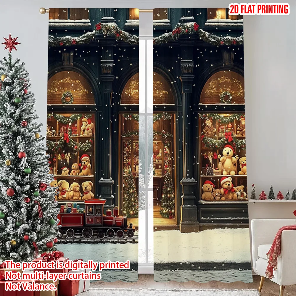 

2pcs 2D flat printing Merry Christmas Popular Window Drapes Vintage Train Versatile Polyester Without Electricity Festive Wall