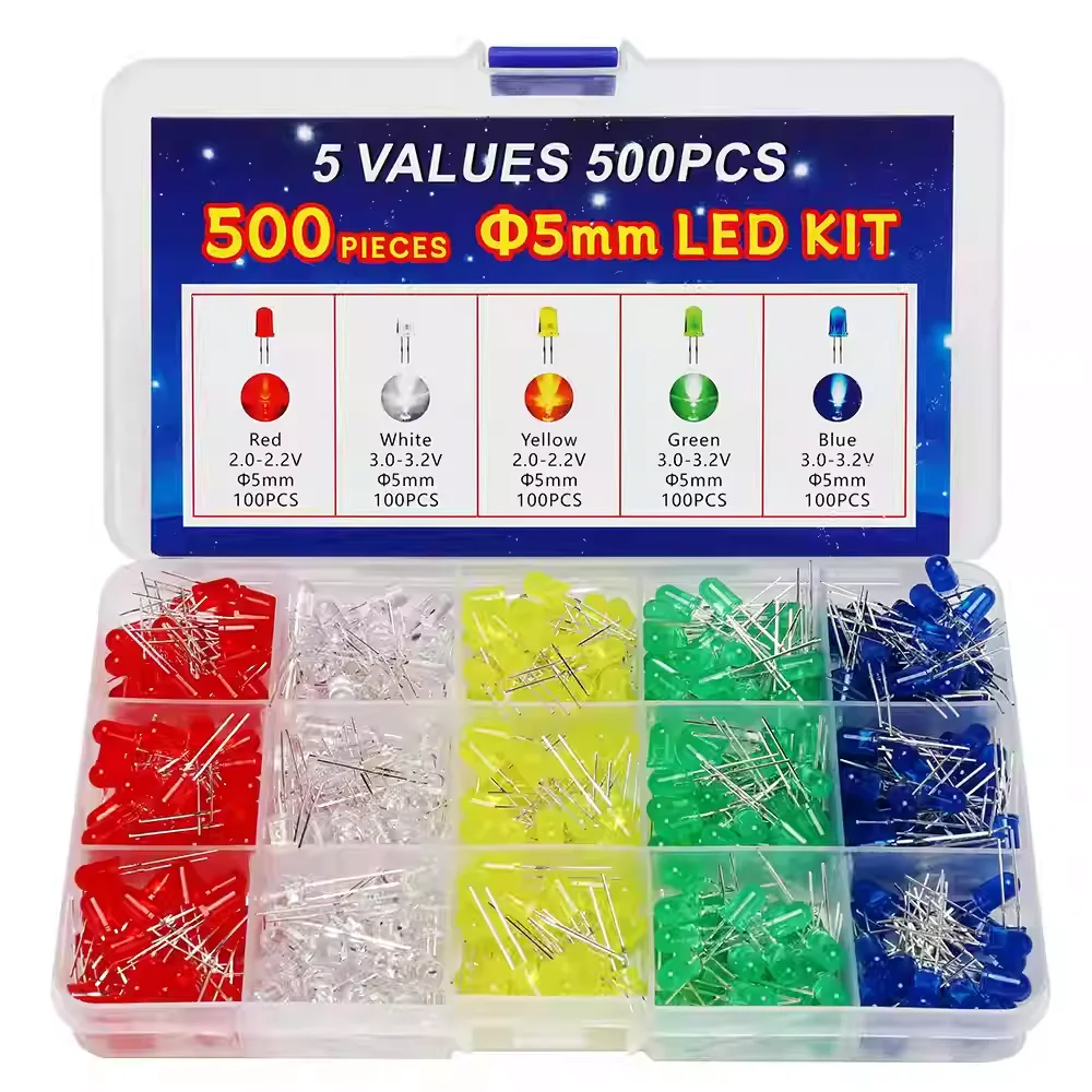 5mm F5 LED Diode Assorted Kit 5 Colors 100pcs Each Total 500pcs, for Electronic DIY, Student Experiments, Circuit Repair and Tec