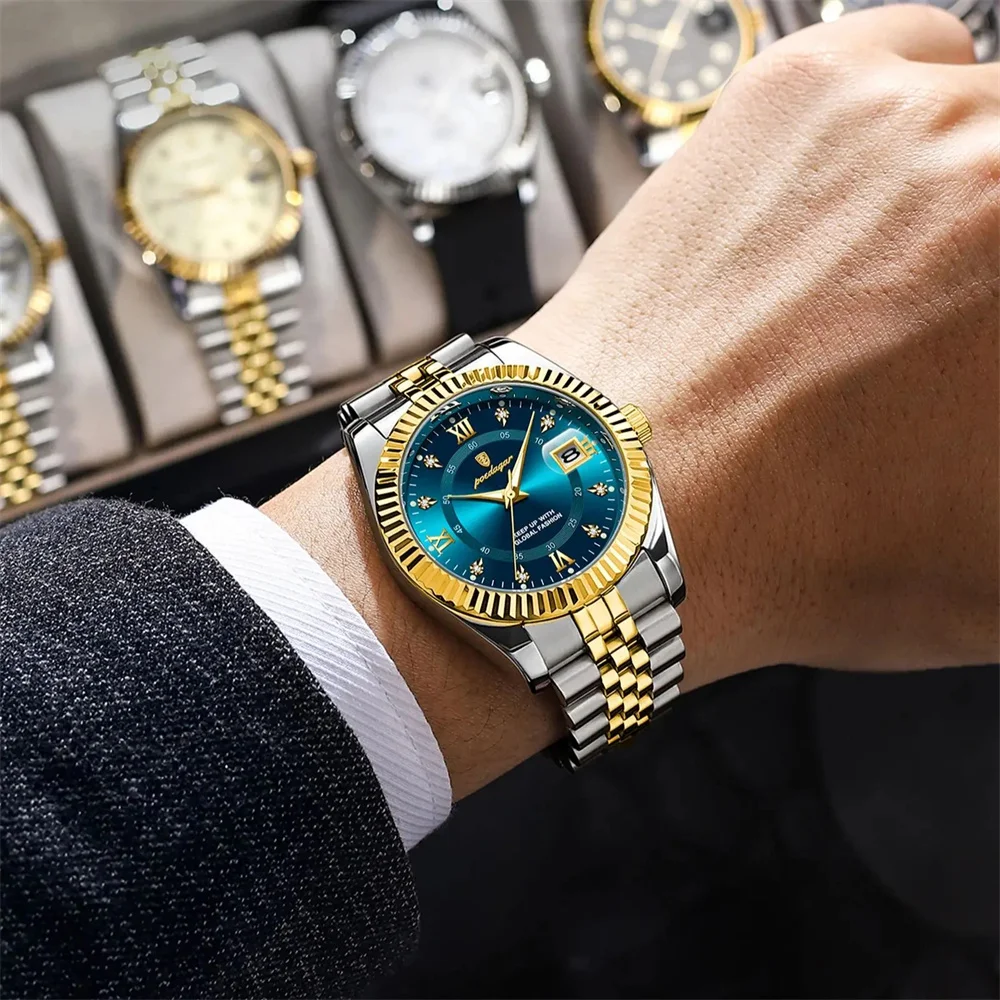 POEDAGAR Luxus Sport Armbanduhr Für Mann Wasserdicht Leucht Datum Männer Uhr Quarz Edelstahl herren Uhren Männlich Reloj + box