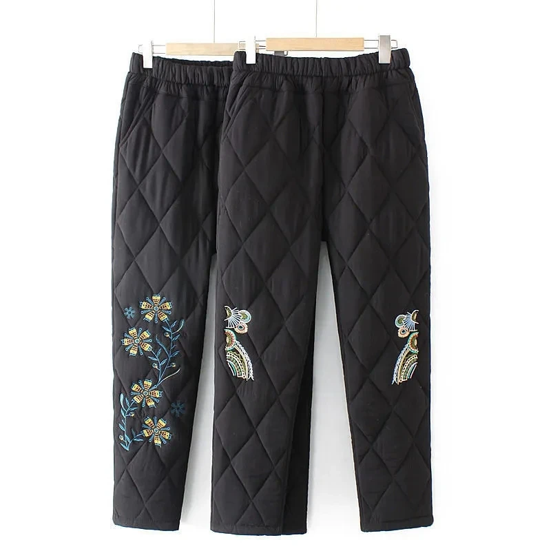 

Thickened Casual Cotton Trousers Middle-Aged Elderly Women Autumn Winter Pants Warm Rhombus Embroidery Down Straight Leg Pants