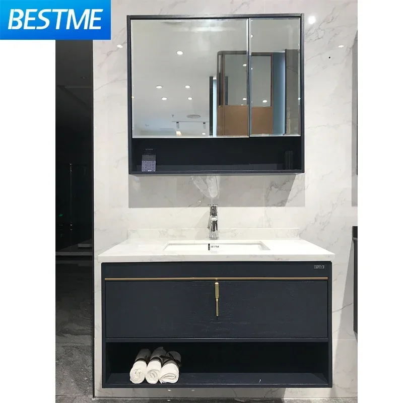 Wall Hung Style 90 Cm Blue Bathroom Cabinet Solid Wood Bathroom Vanity Design Wash Basin Cabinet