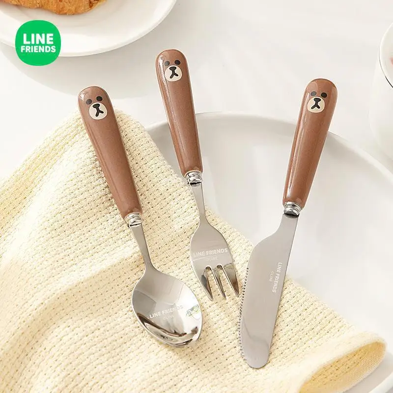 LINE FRIENDS New Brown Western Steak Knife Fork Set 304 Stainless Steel Ceramic Dessert Spoon Household Tableware Christmas Gift