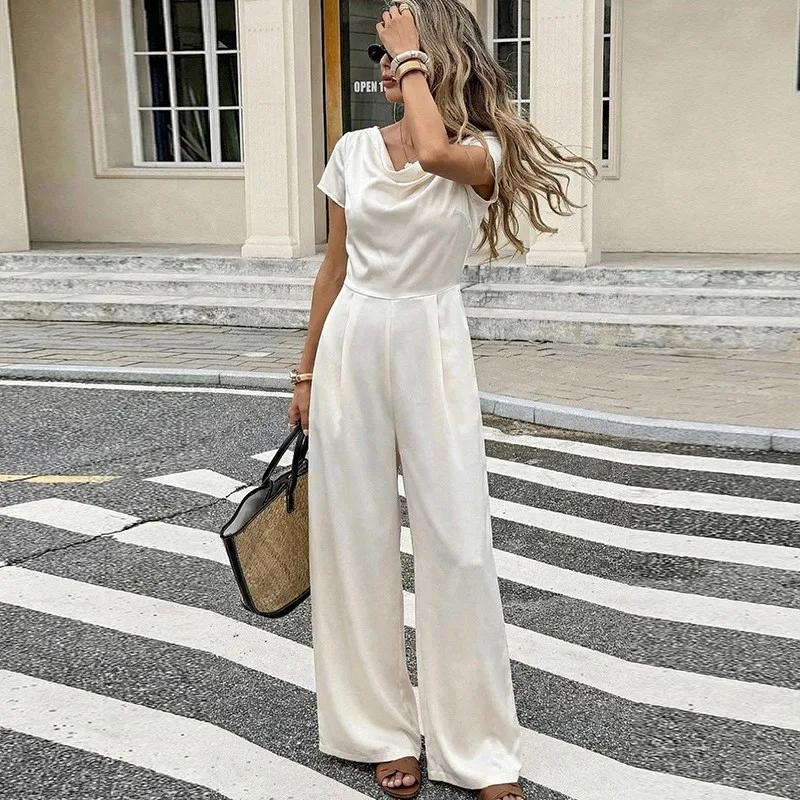 

Women's Jumpsuits Simple Solid Short Sleeve Straight Romper Casual Loose Long Pants Spring Summer V Neck High Waist Playsuit