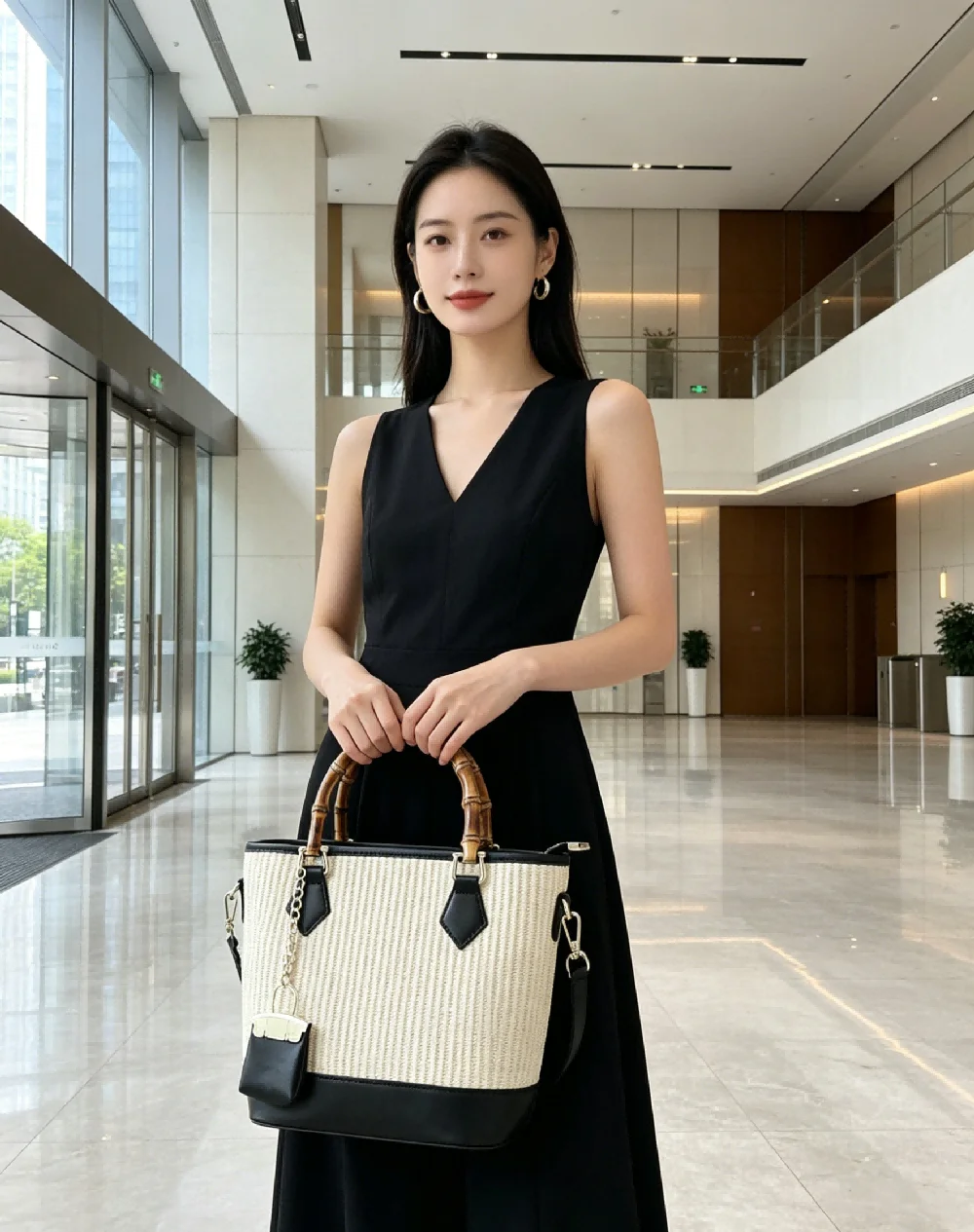 Minimalist Beige and Black Colorblock Tote Bag for Women Large Capacity Shoulder Purse for Work and Daily Commute